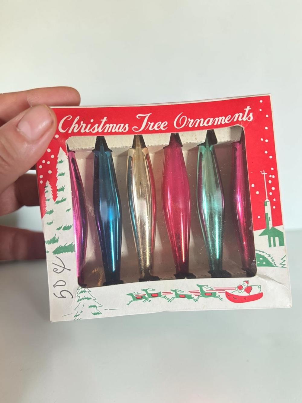 Vintage Japan Glass Icicle Ornaments 4" Set of 6 Multicolor Original Box